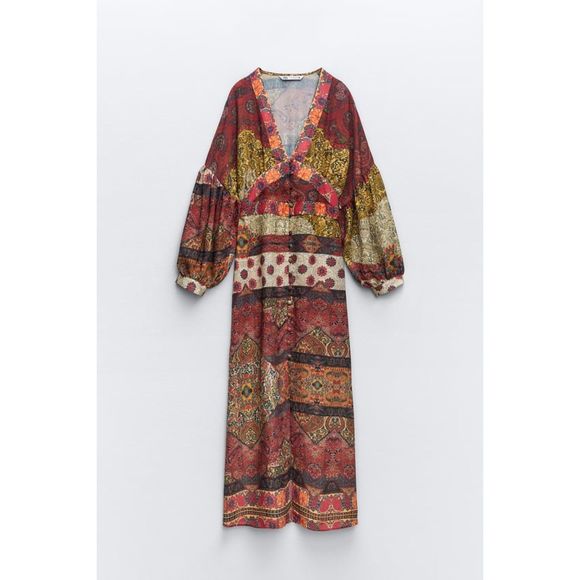 ZARA BOHO PATCHWORK PRINTED MIDI DRESS - Picture 7 of 11